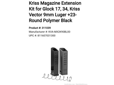 Kriss Magazine Extension Kit for Glock 17, 34, Kriss Vector 9mm +23 Round P