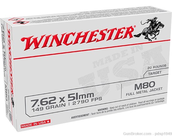 Winchester Target 7.62x51mm M80 FMJ WM80 149gr 2790FPS 20rd Box-img-0