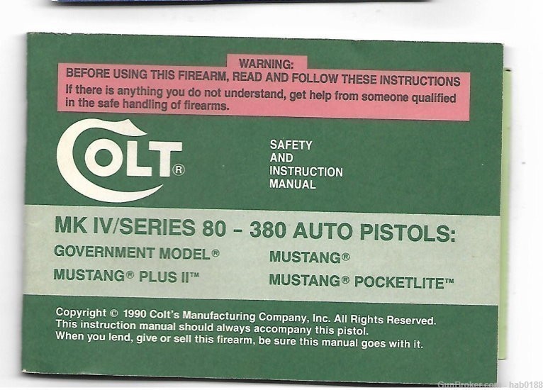 Original Colt Firearms Instruction Manual MK IV Series 80 380 Auto Pistols-img-0