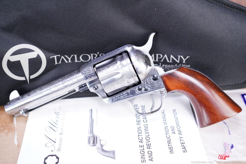 Taylor’s Uberti Model 1873 Engraved Stainless Cattleman  4.75” SAA Revolver-img-3