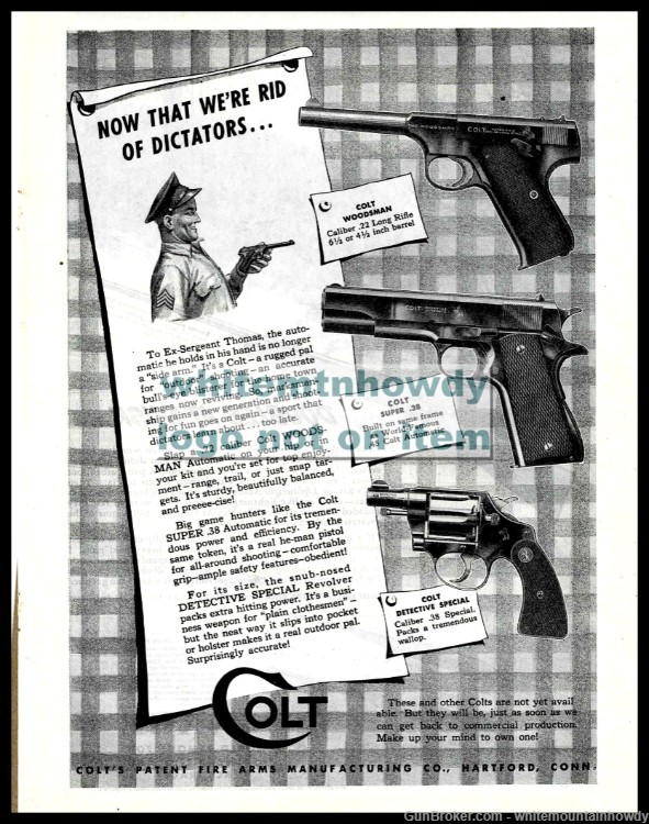 1945 COLT Woodsman & Super .38 Pistol Detective Revolver Original PRINT AD-img-0