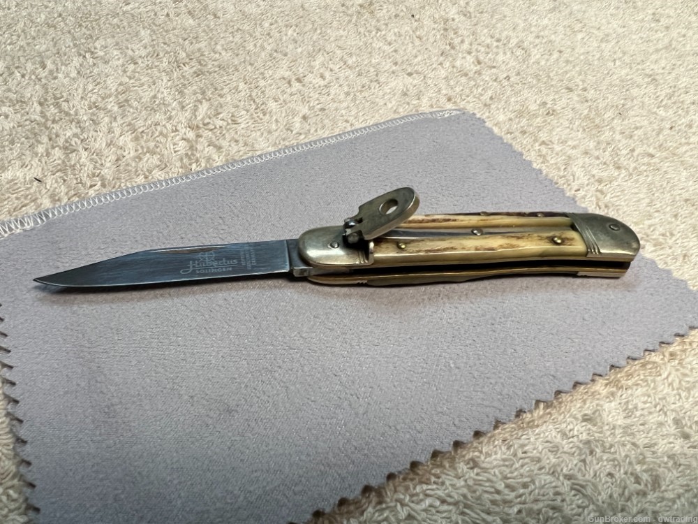 Vintage Hubertus Solingen Lever Lock Automatic Knife w/ Stag Handle-img-0
