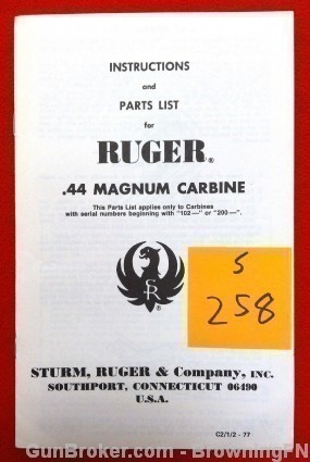 Orig Ruger .44 Magmun Carbine Owners Instruction Manual-img-0