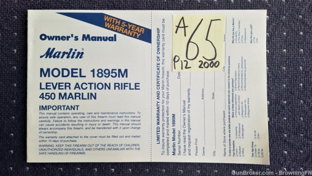 Orig Marlin Model 1895M Owners Manual 2000-img-0