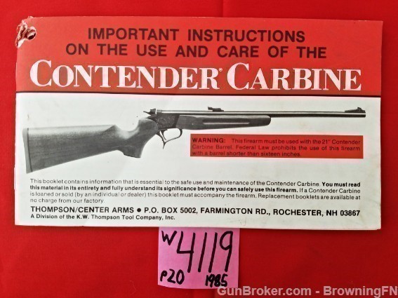 Orig  T/C Contender Carbine Owners Instruction Manual 1985 Thompson Center-img-0