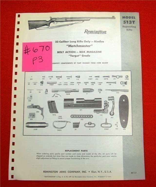 Orig Remington Parts List Schematic Model 513T .22-img-0