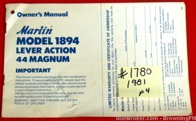 Orig 1981 Marlin Owners Instruction Manual Model 1895 444S-img-0