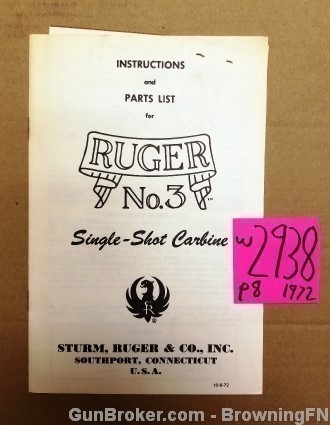 Orig Ruger No.3 Single-Shot Owners Instruction Manual 1972-img-0
