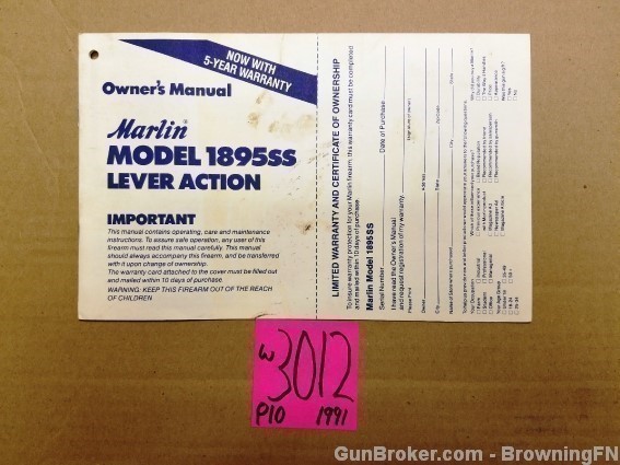 Orig Marlin Model 1895ss Owners Instruction Manual 1991-img-0
