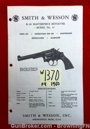 Orig S&W Model 14 K-38 Owners Instruction Manual 1960-img-0