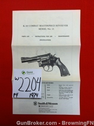 Orig S&W Model 15 K-38 Owners Instruction Manual 1974-img-0