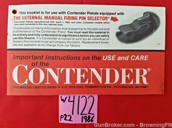 Orig  T/C Contender Owners Instruction Manual 1986 Thompson Center-img-0