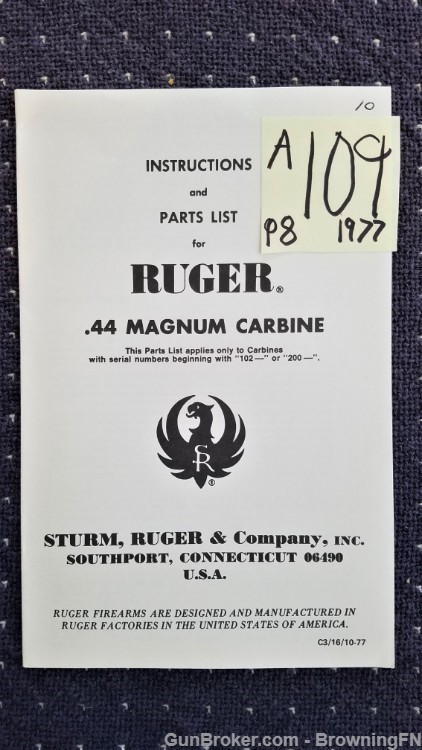 Orig Ruger .44 Magnum Carbine Owners Manual 1977-img-0