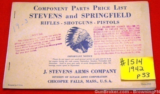 Orig Stevens & Springfield Parts Price List 1942-img-0