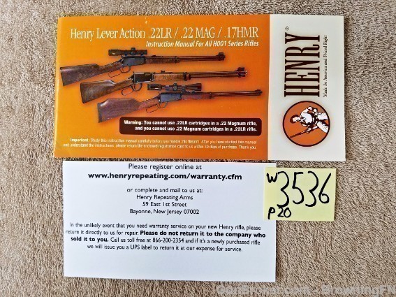 Orig Henry Lever Action .22 .17 Owners Instruction Manual 22-img-0