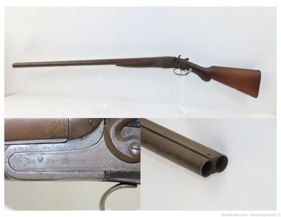 Antique ENGRAVED “THE UNIVERSAL” 12 Gauge Double Barrel SxS HAMMER Shotgun -img-0