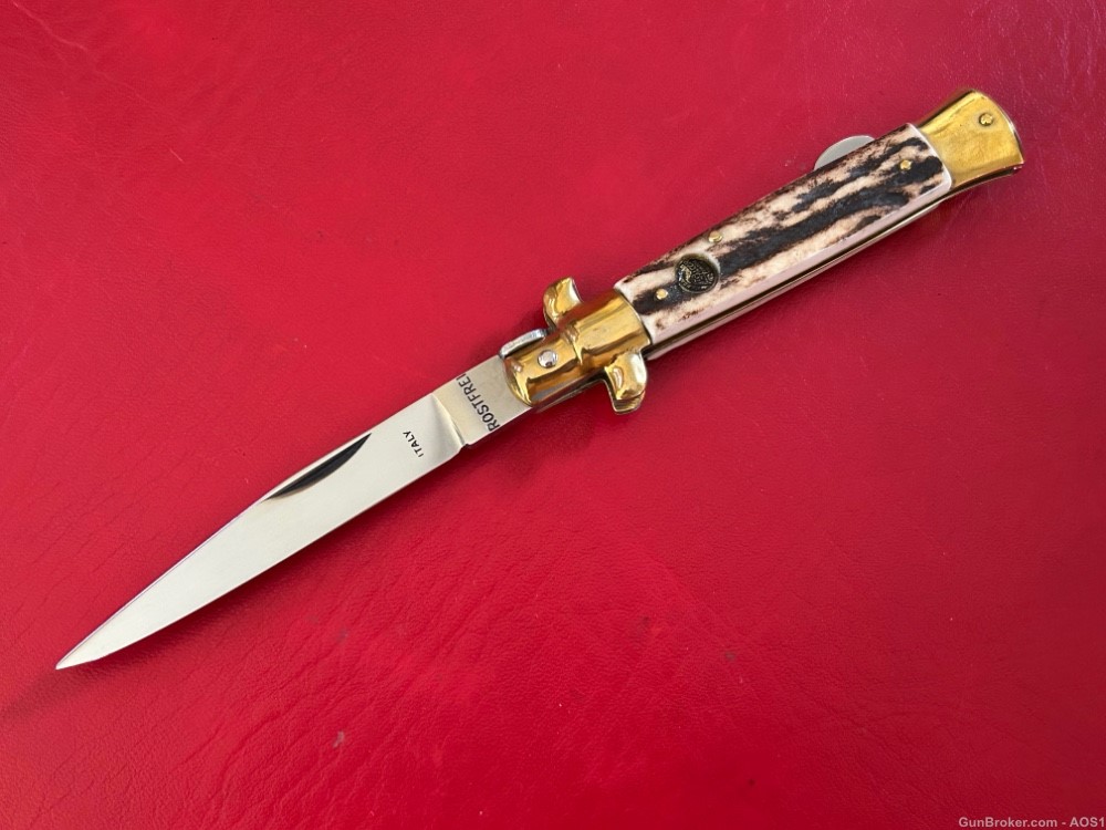 Falcon Famous Blades Italy Manual 8” Lockback Stiletto Knife Rostfrei Stag -img-0
