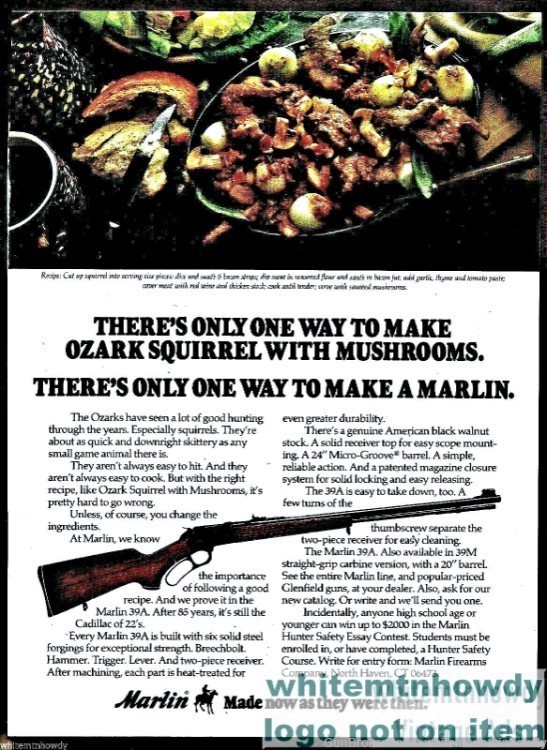 1979 MARLIN 39A Lever-Action Rifle Hunting PRINT AD w/Ozark Squirrel Recipe-img-0