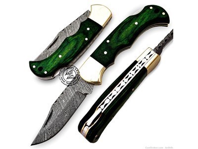 Green Wood 6.5'' 100% Handmade Damascus Steel Folding Pocket Knife 100% 