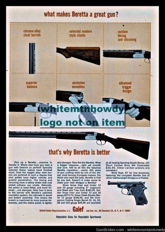 1964 BERETTA Silver Hawk,, Snipe Double Barrel Shotgun Galef PRINT AD-img-0