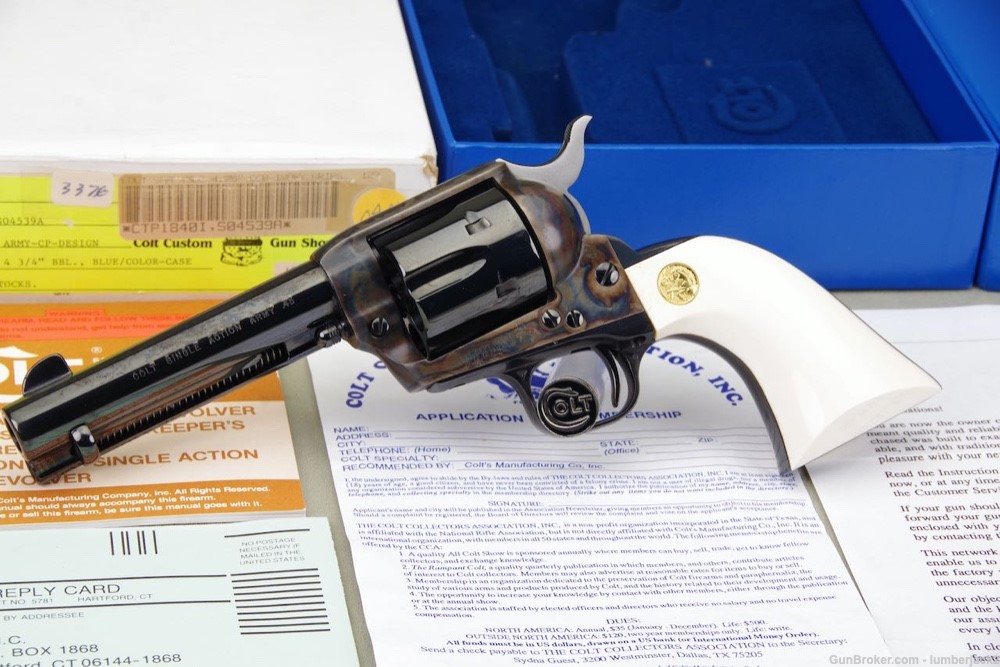 Exceptional 1993 Colt Custom Shop SAA 45LC 4.75'' Blue/CC Factory Ivory NIB-img-0