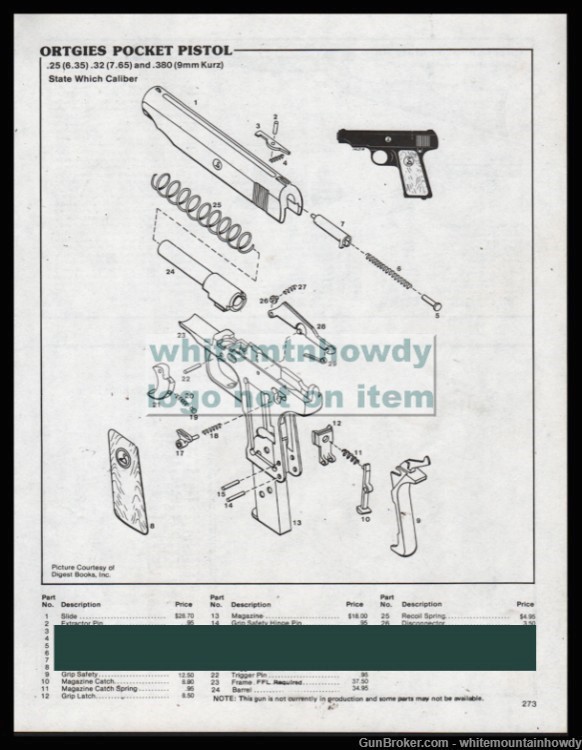 1987 ORTGIES .25 .32 .38 Pocket Pistol Parts List-img-0