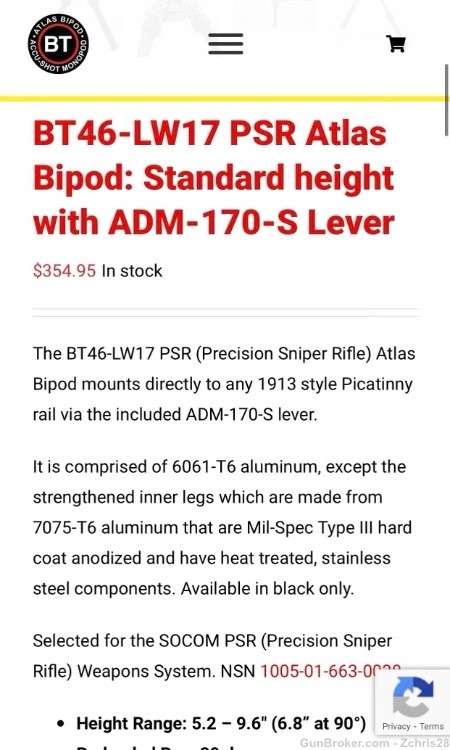 Atlas PSR Bipod BT46 LW17 with ADM 170-S quick detach lever - like new - -img-5