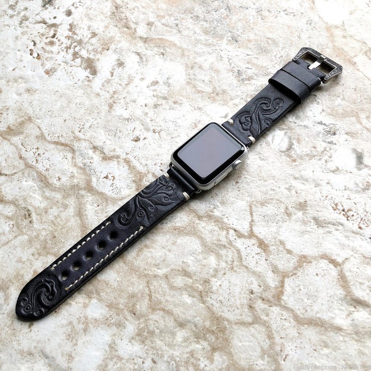 Black Gray Tooled Leather Band Compatible with 38mm Apple Watch All Series-img-2