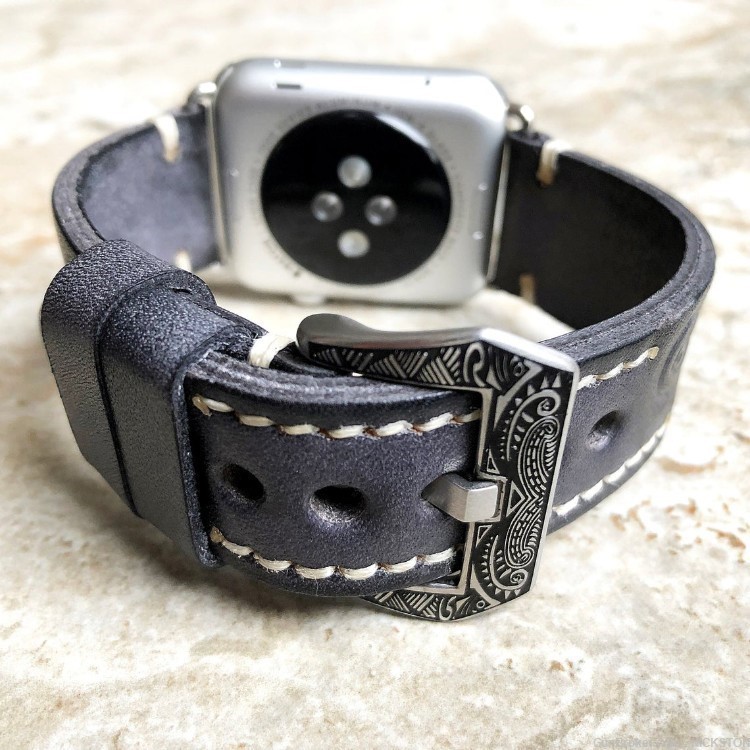 Black Gray Tooled Leather Band Compatible with 38mm Apple Watch All Series-img-6