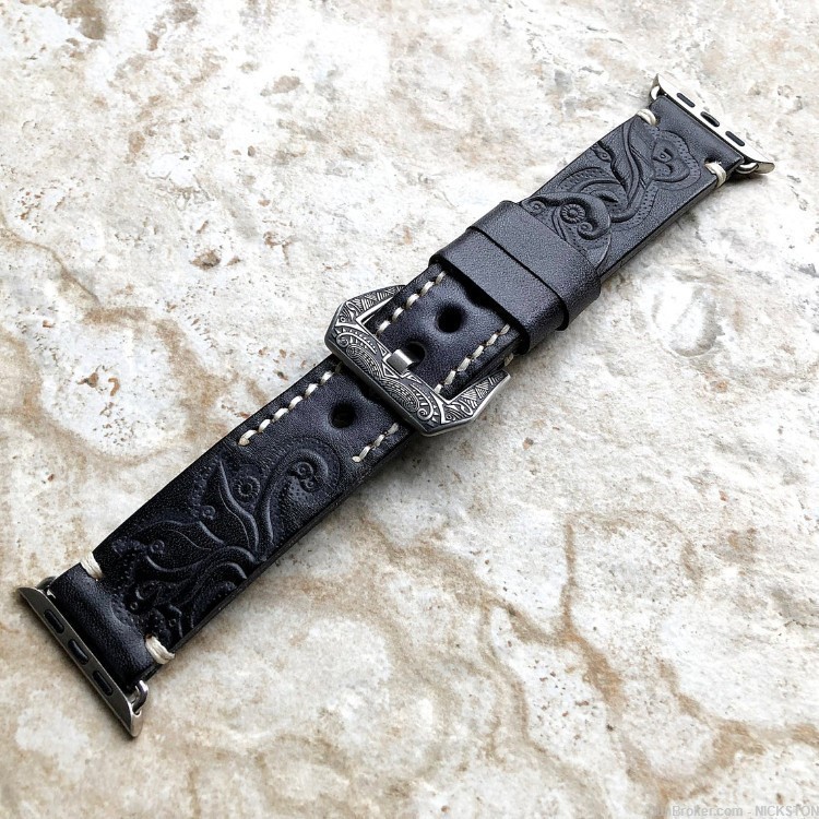 Black Gray Tooled Leather Band Compatible with 38mm Apple Watch All Series-img-5