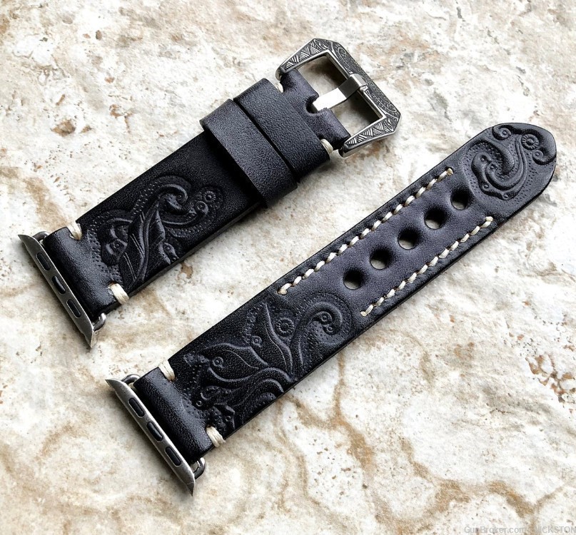 Black Gray Tooled Leather Band Compatible with 38mm Apple Watch All Series-img-3