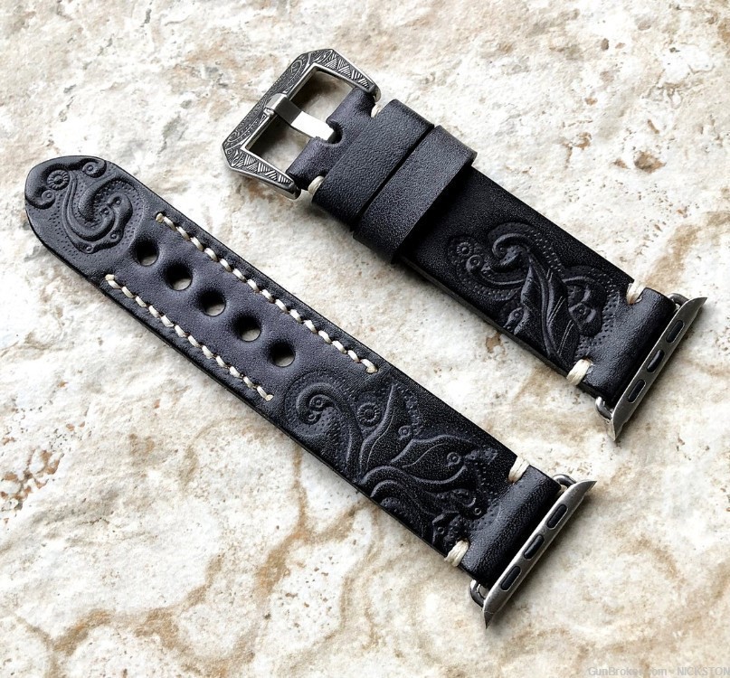 Black Gray Tooled Leather Band Compatible with 40mm Apple Watch All Series-img-1