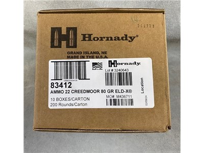 HORNADY 22 CREEDMOOR ELD-X 80 GRAIN CASE OF 10 BOXES 200 ROUND TOTAL *NEW*