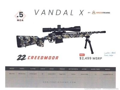  Horizon Firearms Vandal X Series Core Rifle 22 Creedmoor 18" BBL *NEW*