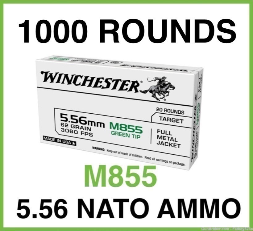 1000 Rounds - Winchester 5.56mm M855 NATO Ammo 62 Grain Green Tip FMJ-img-0