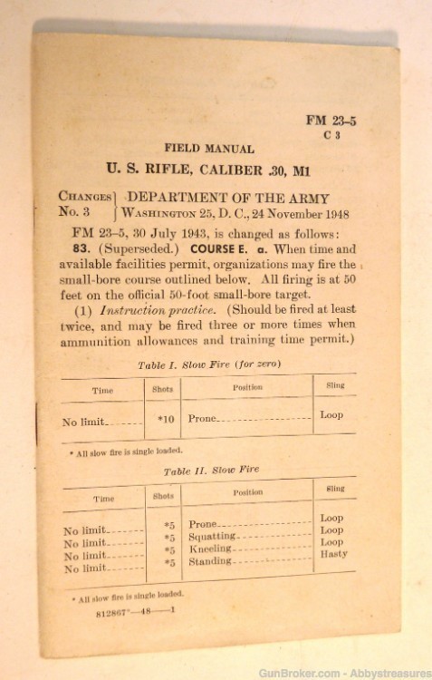 FM 23-5 C 3 US Rifle Cal 30 M1 field manual Dept Army 1948 WWII-img-1
