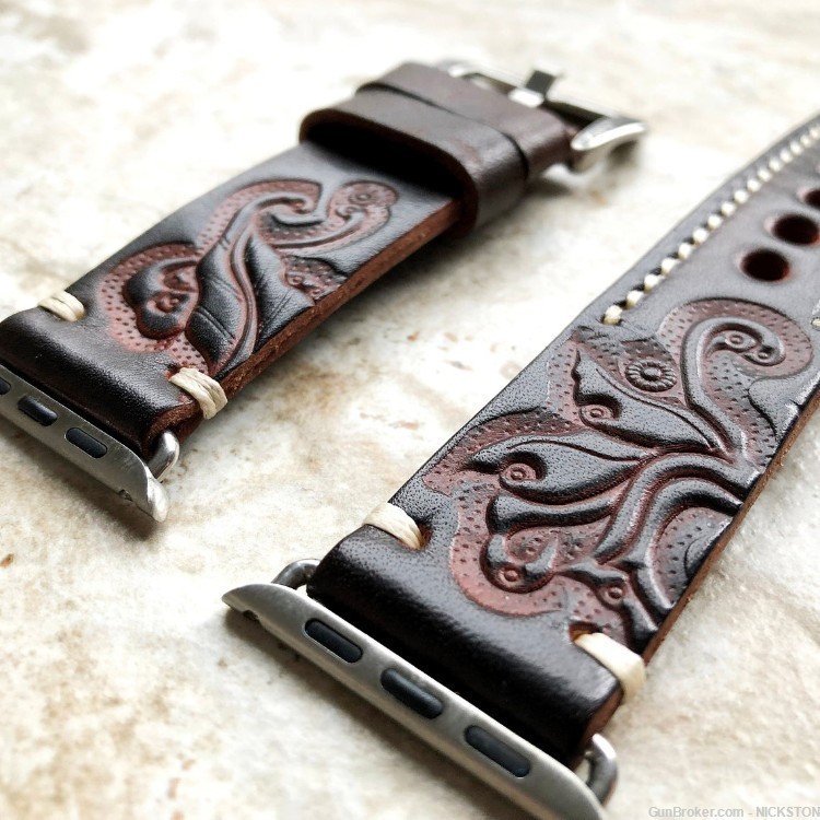 Dark Brown Tooled Leather Band Compatible with 38mm Apple Watch All Series-img-3
