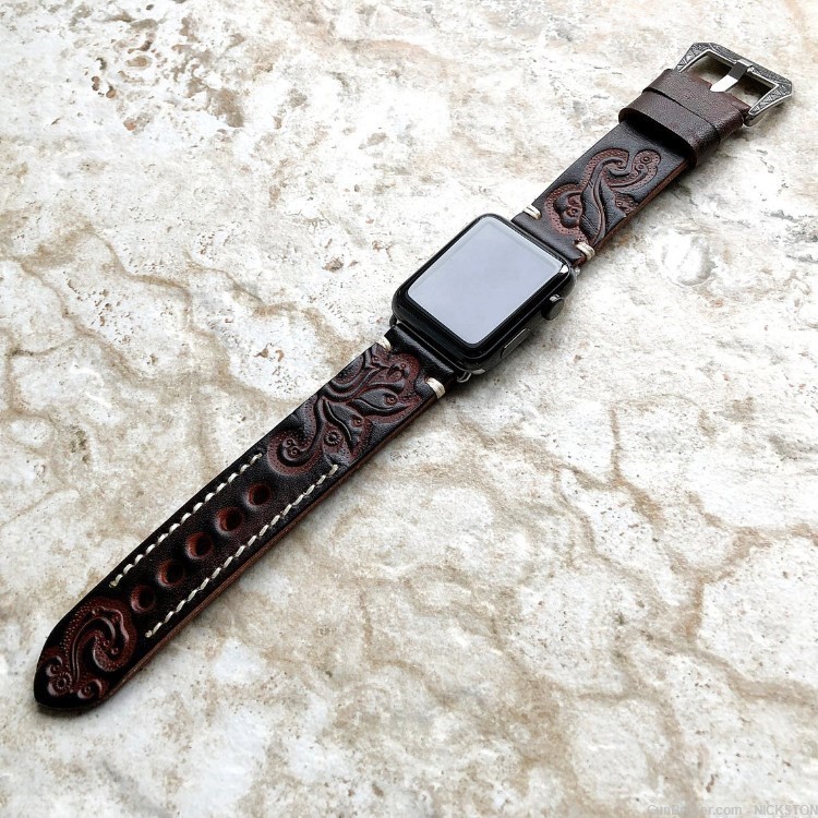 Dark Brown Tooled Leather Band Compatible with 38mm Apple Watch All Series-img-1
