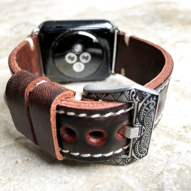 Dark Brown Tooled Leather Band Compatible with 38mm Apple Watch All Series-img-5