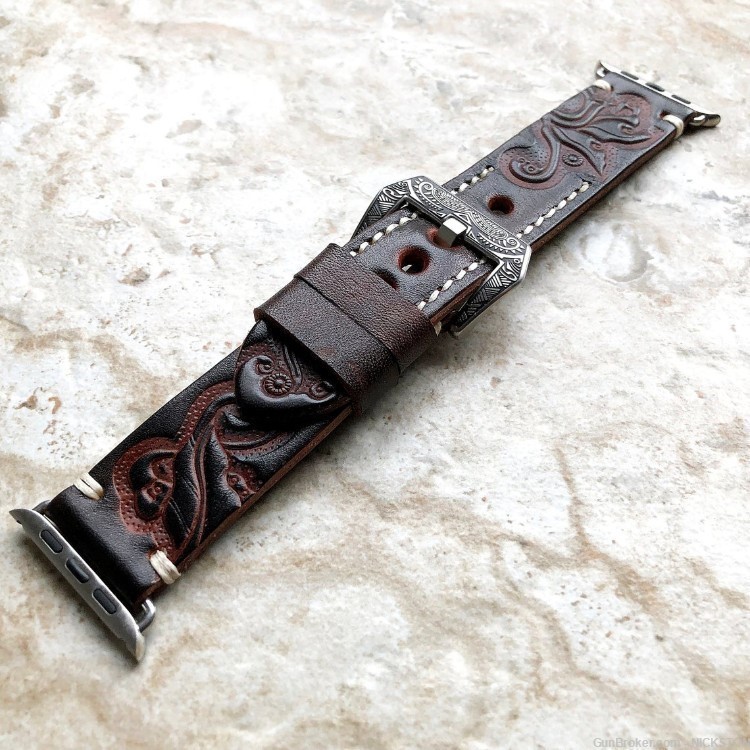 Dark Brown Tooled Leather Band Compatible with 38mm Apple Watch All Series-img-4