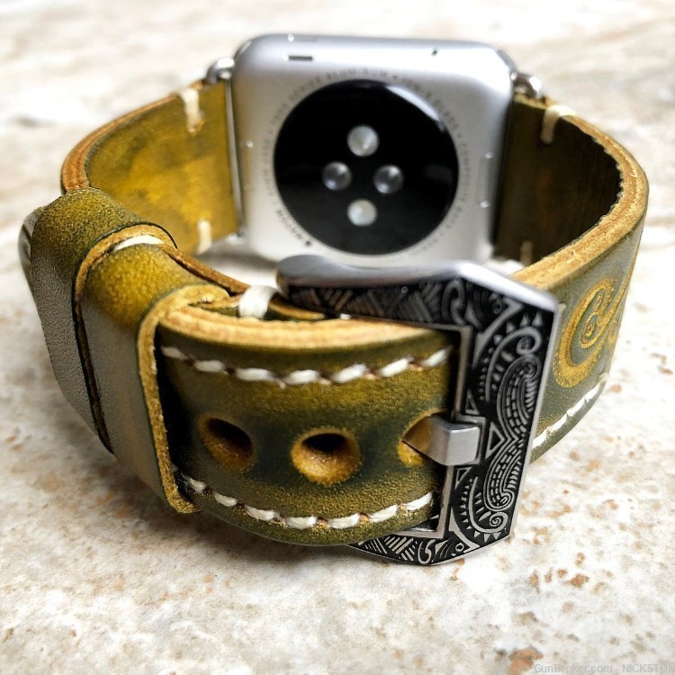 Green Yellow Tooled Leather Band Compatible for 38mm Apple Watch All Series-img-2