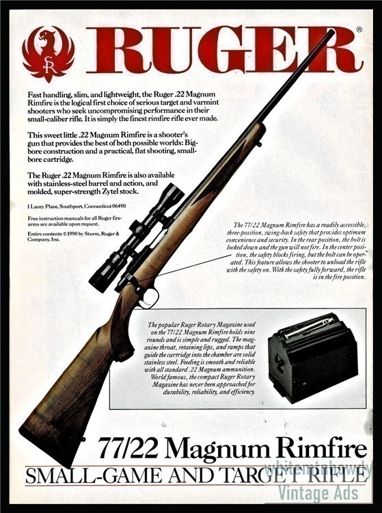 1991 RUGER 77/22 Magnum Rimfire Rifle Vintage PRINT AD-img-0