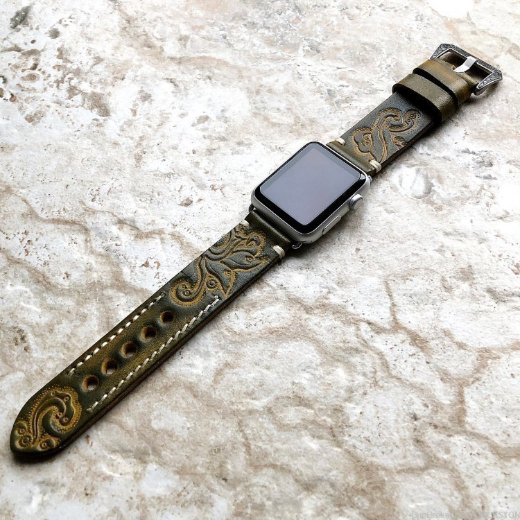 Green Yellow Tooled Leather Band Compatible for 42mm Apple Watch All Series-img-2