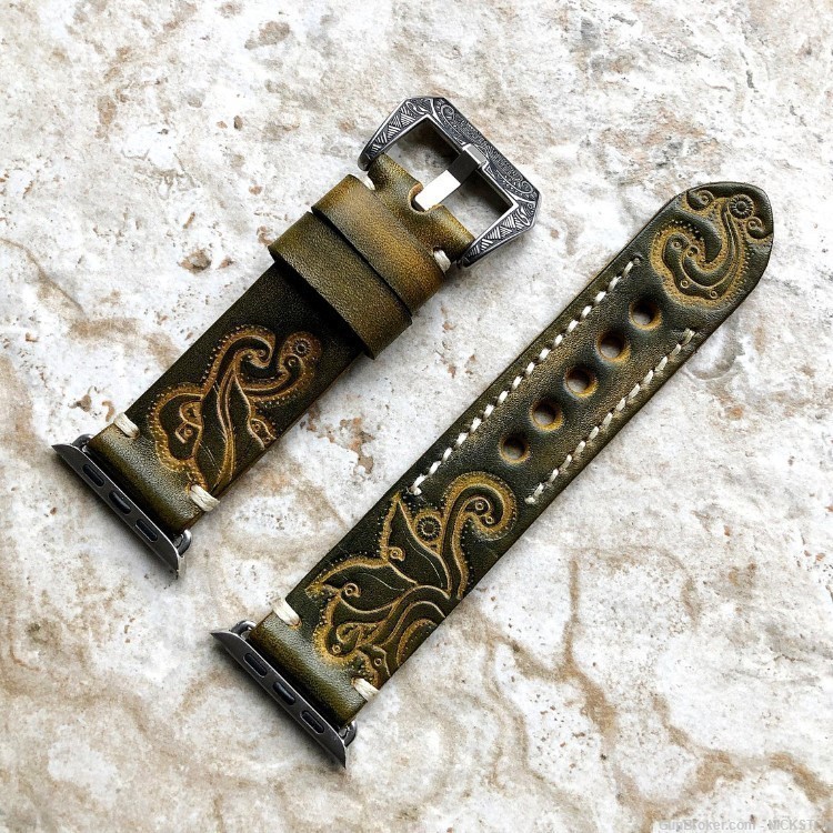 Green Yellow Tooled Leather Band Compatible for 42mm Apple Watch All Series-img-6