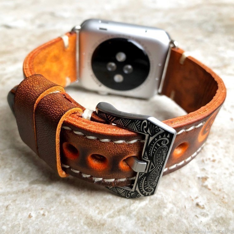 Brown Orange Tooled Leather Band Compatible for 38mm Apple Watch All Series-img-2
