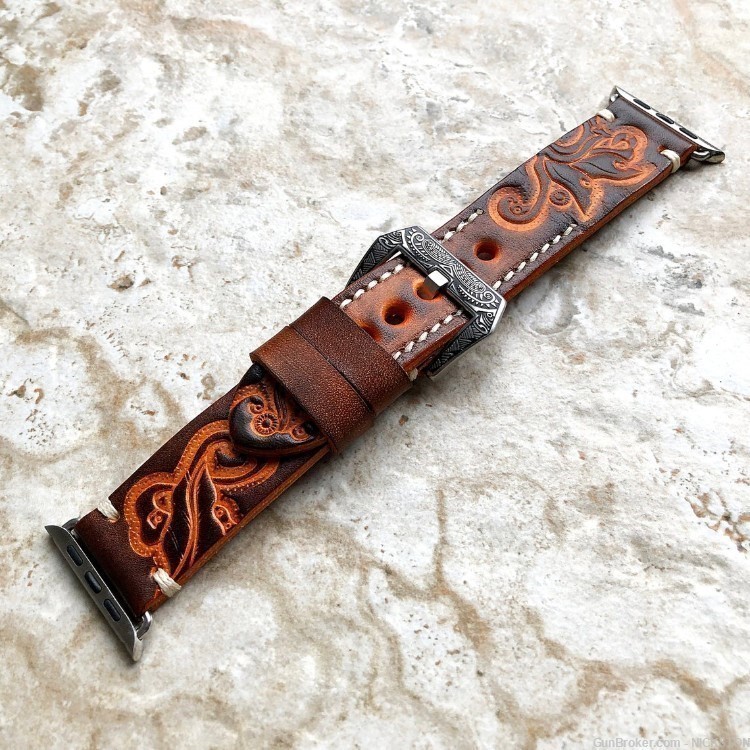 Brown Orange Tooled Leather Band Compatible for 38mm Apple Watch All Series-img-3