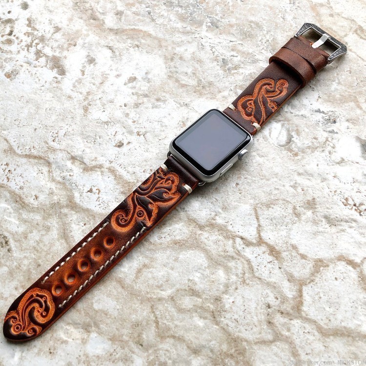Brown Orange Tooled Leather Band Compatible for 38mm Apple Watch All Series-img-0