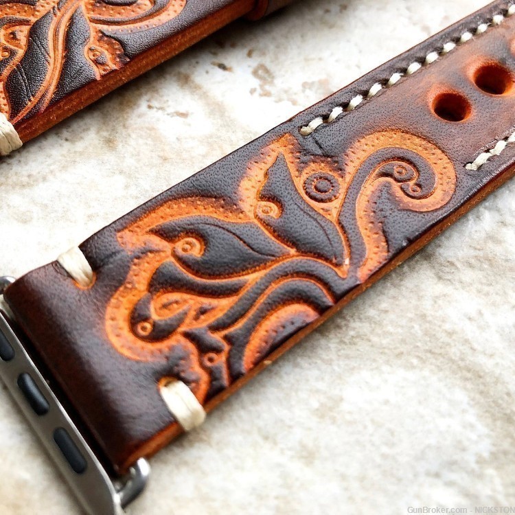 Brown Orange Tooled Leather Band Compatible for 38mm Apple Watch All Series-img-5
