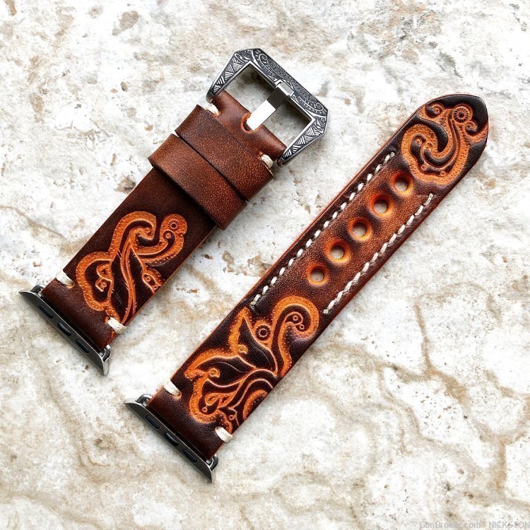 Brown Orange Tooled Leather Band Compatible for 38mm Apple Watch All Series-img-4