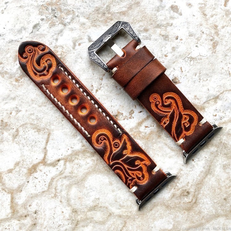 Brown Orange Tooled Leather Band Compatible for 40mm Apple Watch All Series-img-3